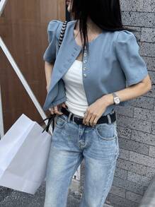 DAZY 女式纯色泡泡袖短袖衬衫，蓝色，春夏学院风上衣 - 藍色 - 查看 7