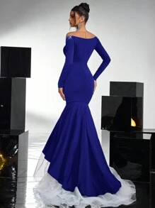 Glamrae 优雅撞色网眼领口奢华水钻装饰鱼尾下摆网眼拼布哥特式婚纱、正式晚礼服、婚礼宾客礼服、派对礼服 - 寶藍色 - 查看 3