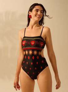 CAJUNI Women's Boho Print Vacation Casual Beach Swimming Black Strap One-Piece Swimsuit