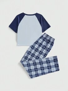 ROMWE Grunge Punk Conjunto de pijama para mujer con estampado de estrellas y cuadros, de manga raglán y short - Azul - Ver 2