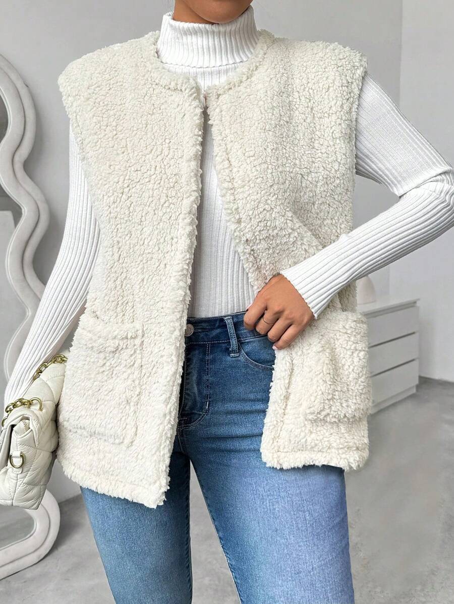 Chiquease Solid Color Sleeveless Pocket Casual Plush Jacket - Apricot - View 1