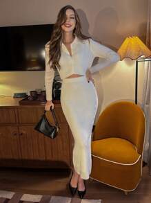 SHEIN Unity 女士纯色前纽扣长袖上衣和裙子 2 件套 - 米色 - 查看 4