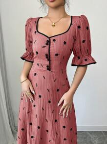 Modelyn 女士花卉印花甜心领荷叶边袖口长款优雅连衣裙 - 粉色 - 查看 4