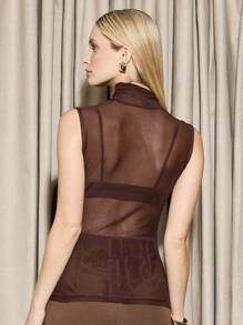 AiiRZ Mesh High Neck Sleeveless Bodysuit Mock Neck Sheer Top Evening Party Club Night Out Layering Basic Tank Top Dressy Fall Winter - Mocha Brown - View 2