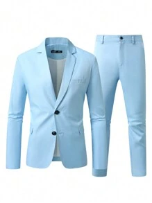 Manfinity Mode Men's Front Button Long Sleeve Pocket Minimalist Top And Pants Suit Set - Baby Blue - View 3