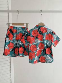 2 Pezzi/Set Completo di Camicia Floreale a Maniche Corte con Bottoni Davanti e Pantaloncini Semplici per Ragazzi Giovani