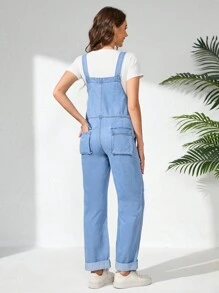 SHEIN Denim-Latzhose mit breiten Trägern, Knöpfen und Taschen, einfach und lässig für schwangere Frauen