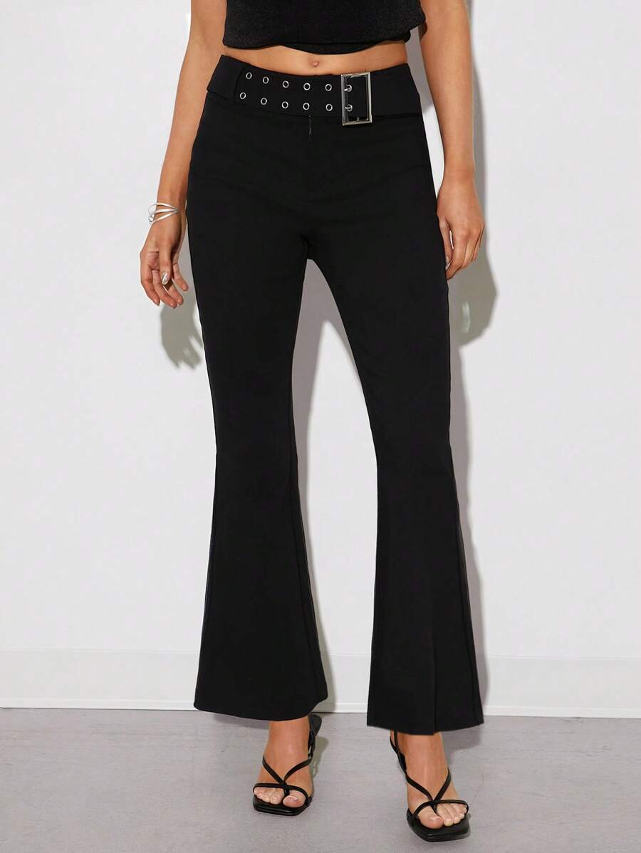 SHEIN EZwear Women's Flared Casual Pants With Corset Waist And Buckle Design - Black - View 1