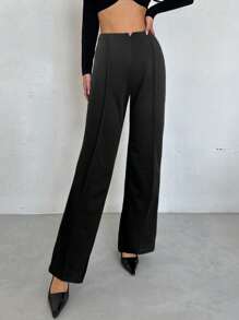 SHEIN Privé Women's Black Minimalist High-Waisted Micro Flared Trousers, V-Shaped Notched Waist Head Design, Slim And Versatile Trousers,Black Stretch Trousers,Elegant/Commuter/Casual - Black - View 5