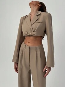 Aloruh Women Plain Color Notched Collar Long Sleeve Cropped Jacket And Pants Suit Set - Khaki - View 2