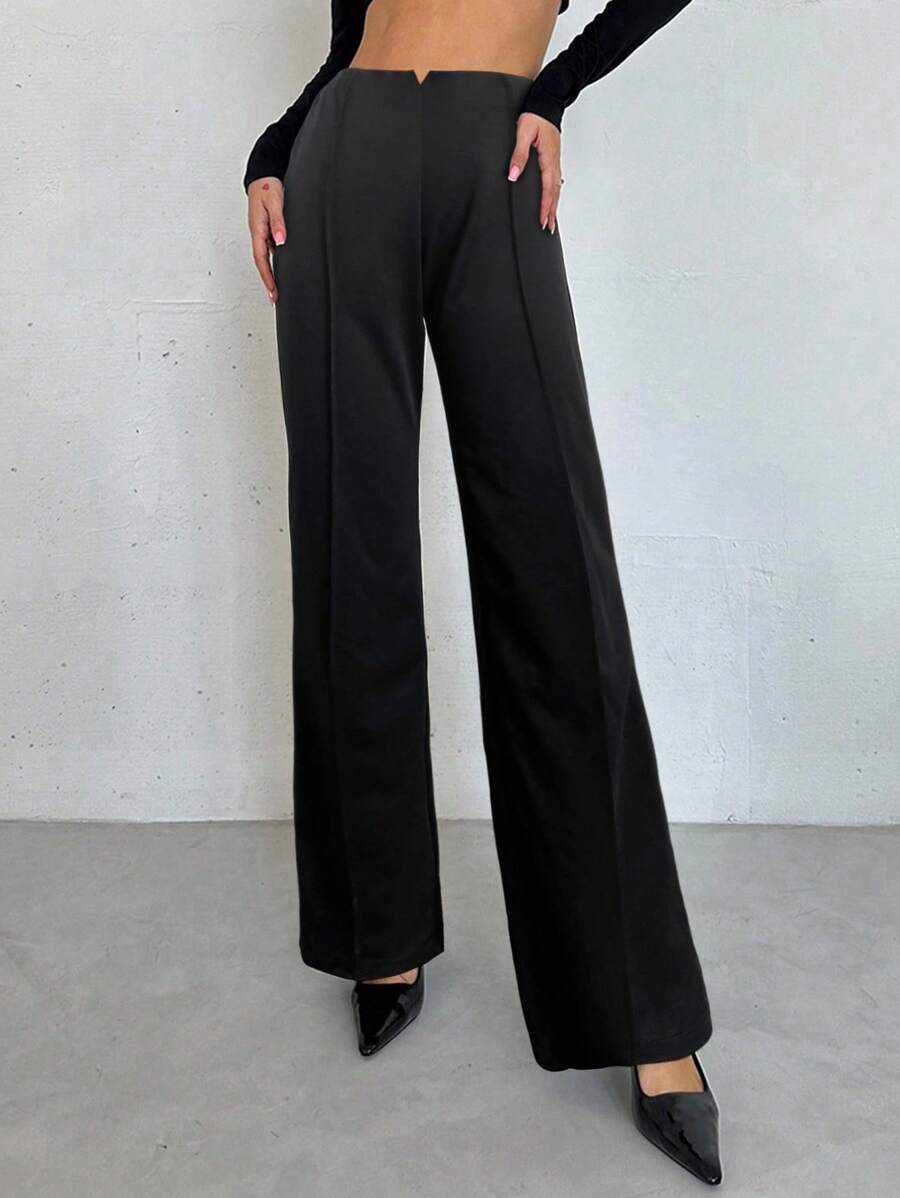 SHEIN Privé Women's Black Minimalist High-Waisted Micro Flared Trousers, V-Shaped Notched Waist Head Design, Slim And Versatile Trousers,Black Stretch Trousers,Elegant/Commuter/Casual - Black - View 1