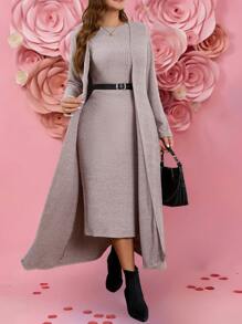 SHEIN LUNE 大码女式纯色长袖罗纹长开衫和圆领无袖连衣裙优雅套装，秋冬羊毛感恩节套装女士新年女装浪漫休闲情人节女装生日女士连衣裙 - 粉色 - 查看 6