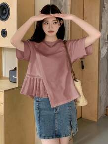 DAZY Women Casual Solid Color Round Neck Short Sleeve Asymmetrical Hem T-Shirt,Ruffle - Pink - View 5