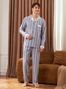 2 Stücke Herren geometrisches Muster Langarm Einzelknopf-Top und Hose Loungewear Set