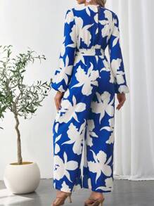 SHEIN Maternity Floral Print Lantern Sleeve Jumpsuit - Blue - View 3