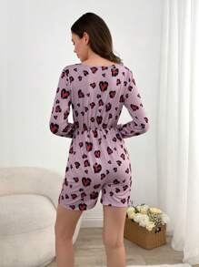 RueChic WOMEN Viscose V Neck Soft Touch With Button&Elastic Waist With Contrast Colour Leopard Heart Pattern Lounge Jumpsuit - Pink - View 4