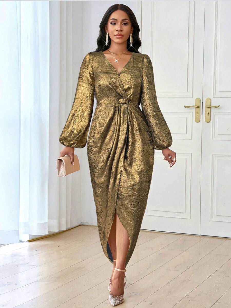 SHEIN Lady 四季/婚礼嘉宾/服装/舞会礼服晚宴服装/金色裹身裙女士长裙派对优雅 - 金色 - 查看 1