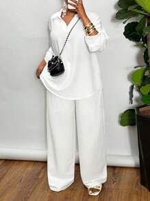 Slaydiva Plus Size Woman 2 Pieces All White Outfit Set: Loose Solid White V-Neck Casual Blouse & Straight Leg Pants, Lightweight Semi-Sheer Woven Fabric, Suitable For Spring/Summer Daily/Holiday Wear