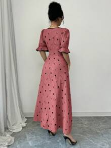 Modelyn 女士花卉印花甜心领荷叶边袖口长款优雅连衣裙 - 粉色 - 查看 2