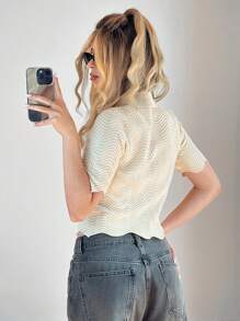 Forever 21 春季新款女士翻领短袖波浪针织上衣 - 米色 - 查看 2