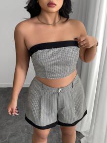 SHEIN LUNE Plus Size Colorblock Black Patchwork Elegant Strapless & Tie Zip A-Line Ruched Shorts, Comfortable For Commuting - Multicolor - View 5