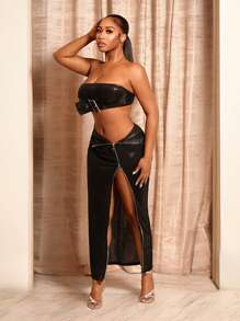 BamGleam 2pcs/Set Women Solid Color Bandeau Top And Skirt, Casual Sets - Black - View 5