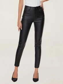 MYOURSA Solid Faux Leather Leggings For Women, Clubwear Skinny PU Coated Stretch Pants