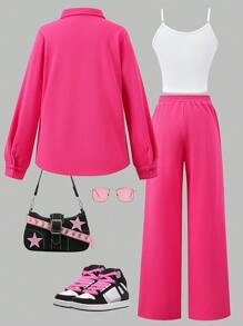 SHEIN 2pcs Teen Girl Solid Color Front Button Long Sleeve Minimalist Top And Pants 2 Pieces Pink Outfit Set - Hot Pink - View 2