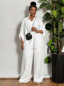 Slaydiva Plus Size Woman 2 Pieces All White Outfit Set: Loose Solid White V-Neck Casual Blouse & Straight Leg Pants, Lightweight Semi-Sheer Woven Fabric, Suitable For Spring/Summer Daily/Holiday Wear