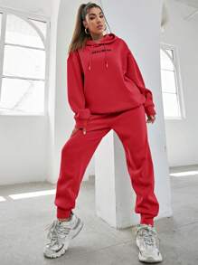EURMUSE Slogan Graphic Drop Shoulder Drawstring Red Hoodie & Sweatpants - Red - View 3