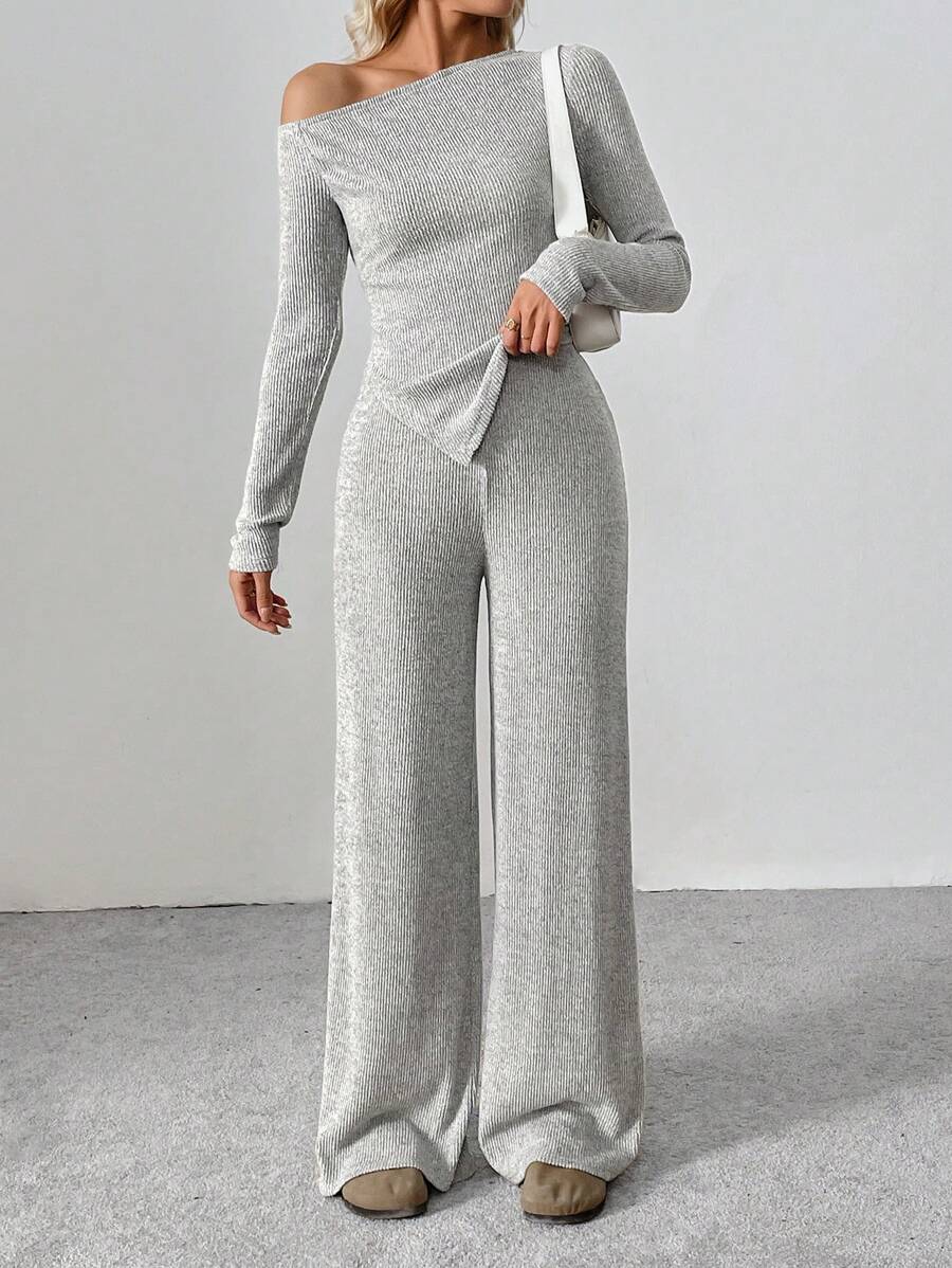 Flirla Tall 女士舒适毛绒不对称肩部 T 恤和阔腿裤 2 件套，适合休闲冬季穿着 - 灰色 - 查看 1