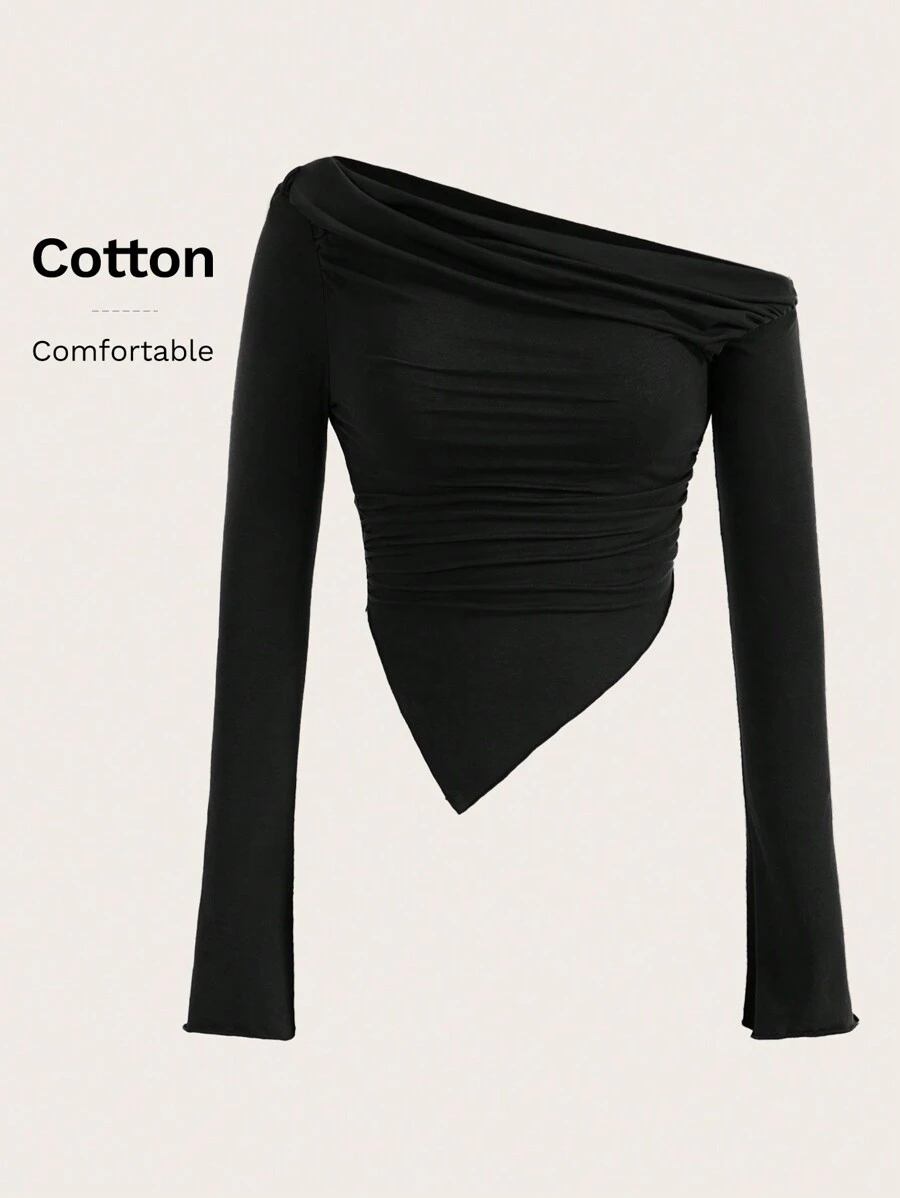 Sweetina Asymmetrical Neck & Hem Ruched Black Tee - Black - View 1