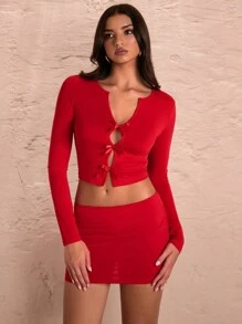 SHEIN BAE Vrouwen Rode Bodyconjurk met lange mouwen en strikdecoratie, elegant voor Valentijnsdag, date, feest, woon-werkverkeer en casual dagelijkse kleding