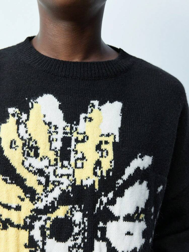 SHEIN Maija Damen weicher und warmer schwarzer Rundhals Langarm Loose Fit Jacquard Strickpullover, vielseitig Lässig zu kombinieren, Hippie-Stil für Herbst/Winter