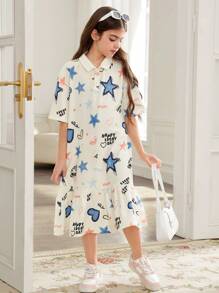 SHEIN Lässiges Straßenmode-Kleid für Tween-Mädchen im Jeans-Optik mit Graffiti-Herz-Grafik, Polo-Kragen, weitem Schnitt, Patchwork und gerafften Ärmeln in Midi-Länge