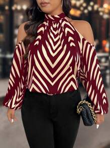 大码女式条纹露肩长袖宽松时尚衬衫 - 紅色 - 查看 3