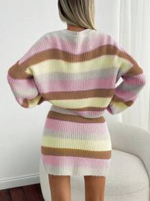 EURMUSE Woman Gradient Color Sweater And Mini Skirt Two Piece Sweater Co-Ords Fall Winter Warm Touch - Multicolor - View 2