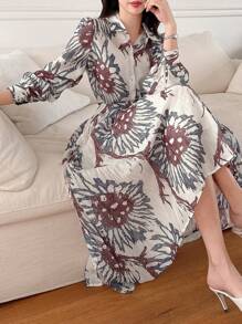 DAZY 2pcs/Set Women Floral Puff Sleeve Shirt And Skirt Outfit,Teacher Outfits,Fall Women Clothes Vacation Outfits Women - Red - View 1