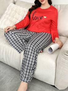 情人节“LOVE”字母印花长袖衬衫搭配格子裤、大码睡衣套装 - 彩色 - 查看 1