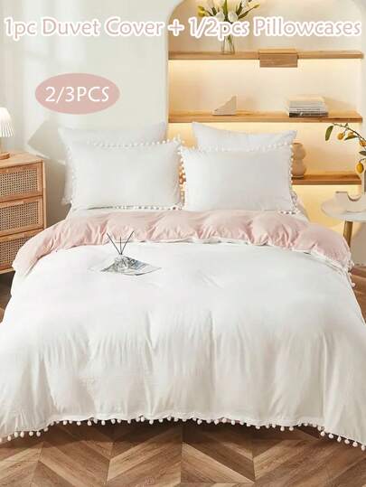 Juego de ropa de cama de 2/3 piezas con funda nórdica de color rosa y blanco con borlas de pompones, juego de ropa de cama de unicolor moderno y lindo para todas las estaciones, juego de ropa de cama para dormitorios universitarios, suave y transpirable (1 funda nórdica + 1/2 fundas de almohada, sin relleno)