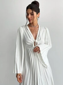 Firerie Valentinstag Damen V-Ausschnitt Zugband plissiertes Weitausschwingendes-Ärmel tailliertes langes weißes Kleid, elegantes minimalistisches Design für den Alltag, Dates, Partys, romantische Anlässe, Herbst/Winter/Frühling, weißes Abschlussballkleid - Weiss - Übersicht 6