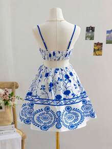Soleia Women's Floral Print Sleeveless Dress, Suitable For Vacation - Blue and White - View 2