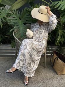 Livesso Print Straight Loose Beach Cover Up Midi Dress For Women Long Sleeve Dress Vacation Outfits Women - Beige - View 5