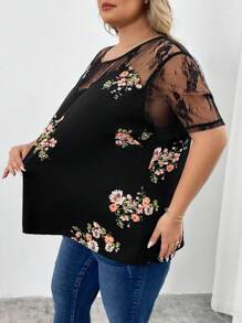 SHEIN CURVE+ 大码女式夏季蕾丝花卉撞色网眼短袖波西米亚风度假衬衫