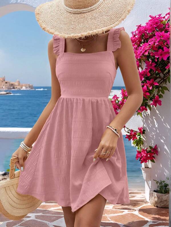 Vivid Eden Women Solid Color, Ruffle Trim, Sleeveless Summer Beach Dress