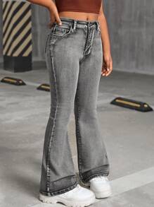 SHEIN Quần jeans ống loe denim mài đá kiểu vintage thập niên 2000 dành cho bé gái, phong cách đường phố mùa thu trở lại trường học. - màu đen - Xem 4