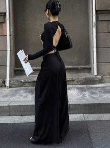 DAZY Vacation Backless Slim Fit Sexy Women's Long Sleeve T-Shirt, Spring,Y2k,Fall Women Clothes