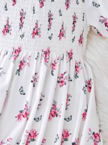 1pc Tween Girl Floral Print Pastoral Style V-Neck Dress, Spring/Summer - White - View 3