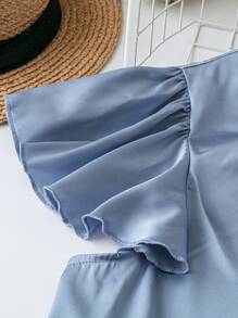 SHEIN LUNE Plus Size Women Elegant Solid Color Shiny Ruffle Collar Loose Blouse With Flared Sleeves, Office Wear - Blue - View 4