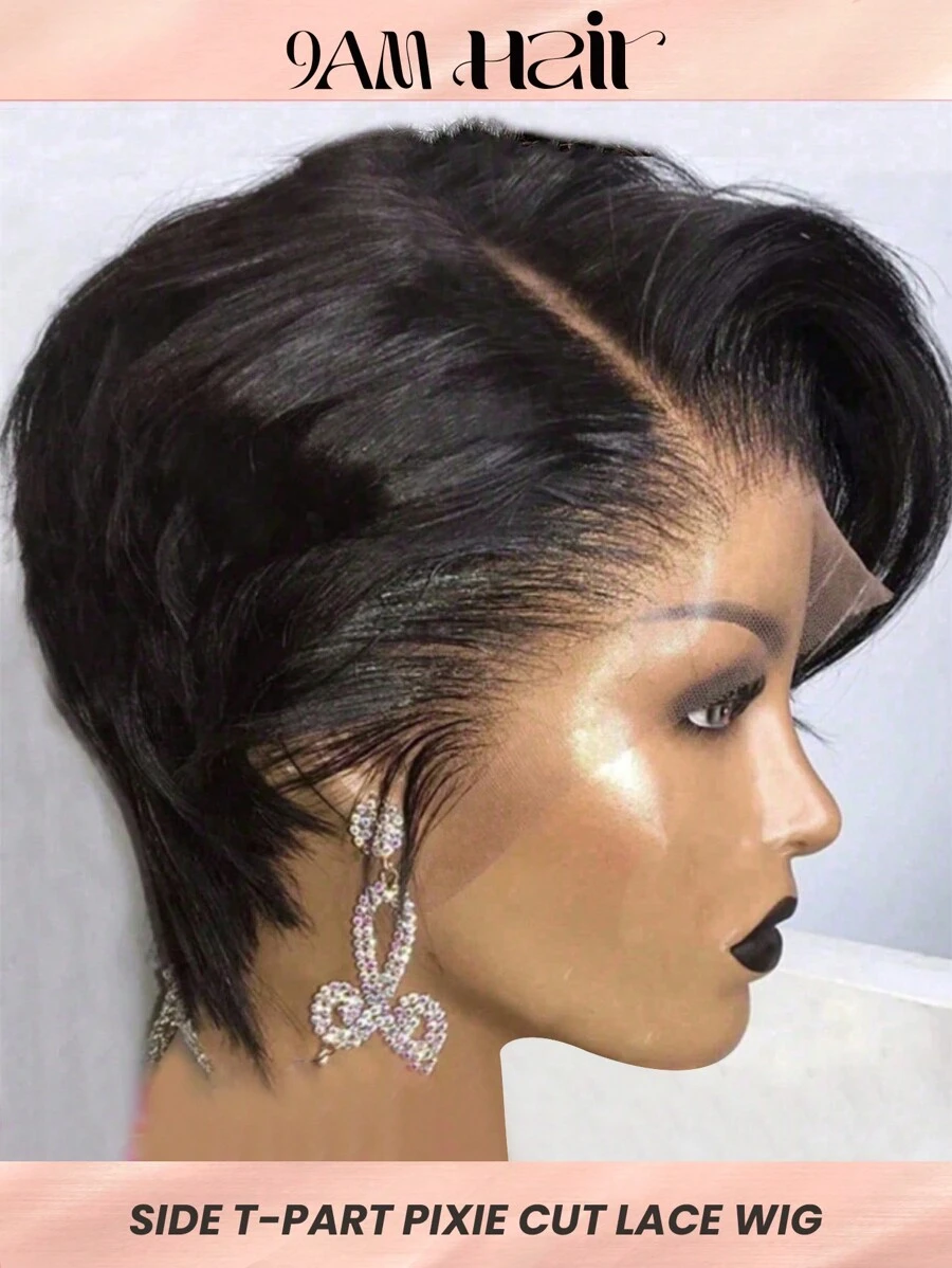 透明蕾絲小波浪13 X 4 X 1 前部蕾絲假髮150密度小精靈髮型自然黑色短短人類頭髮